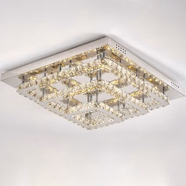 Living Star Square Crystal LED Ceiling Light in Chrome and Transparent Warm White