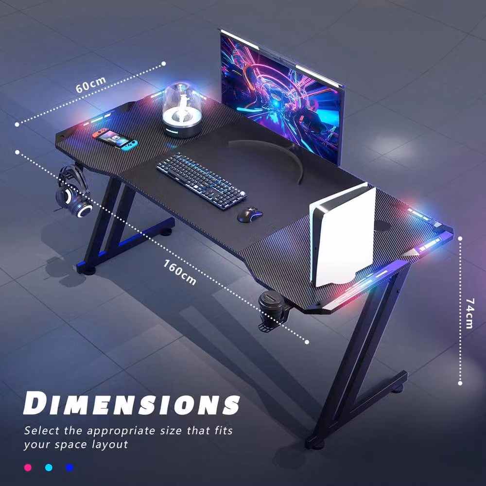 FLAVORA Black Gaming Desk with RGB LED Lights, W: 160 cm, D: 60 cm – 2