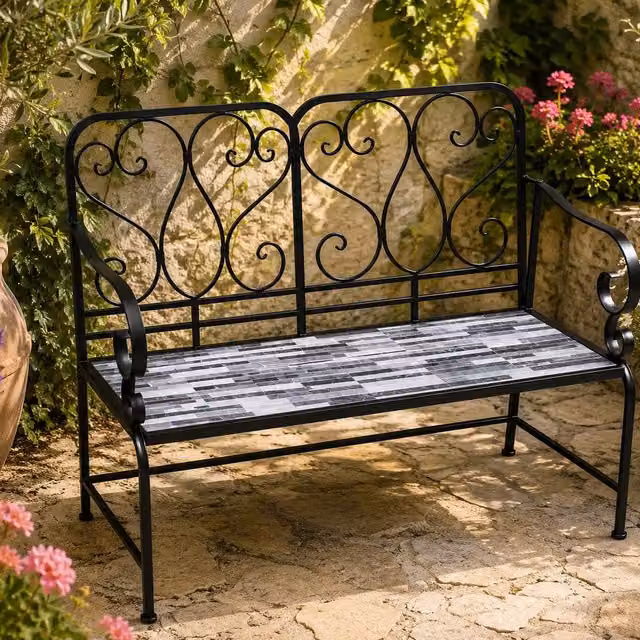 Shatchi Cascade Mosaic 2 Seater Metal Garden Bench in Black