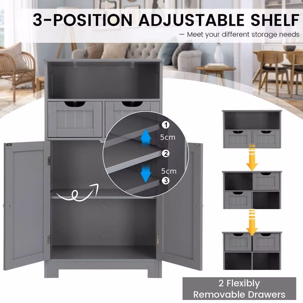 Kelvenix Grey Wooden Double Door Bathroom Cabinet with Internal Shelves and Drawers – 4