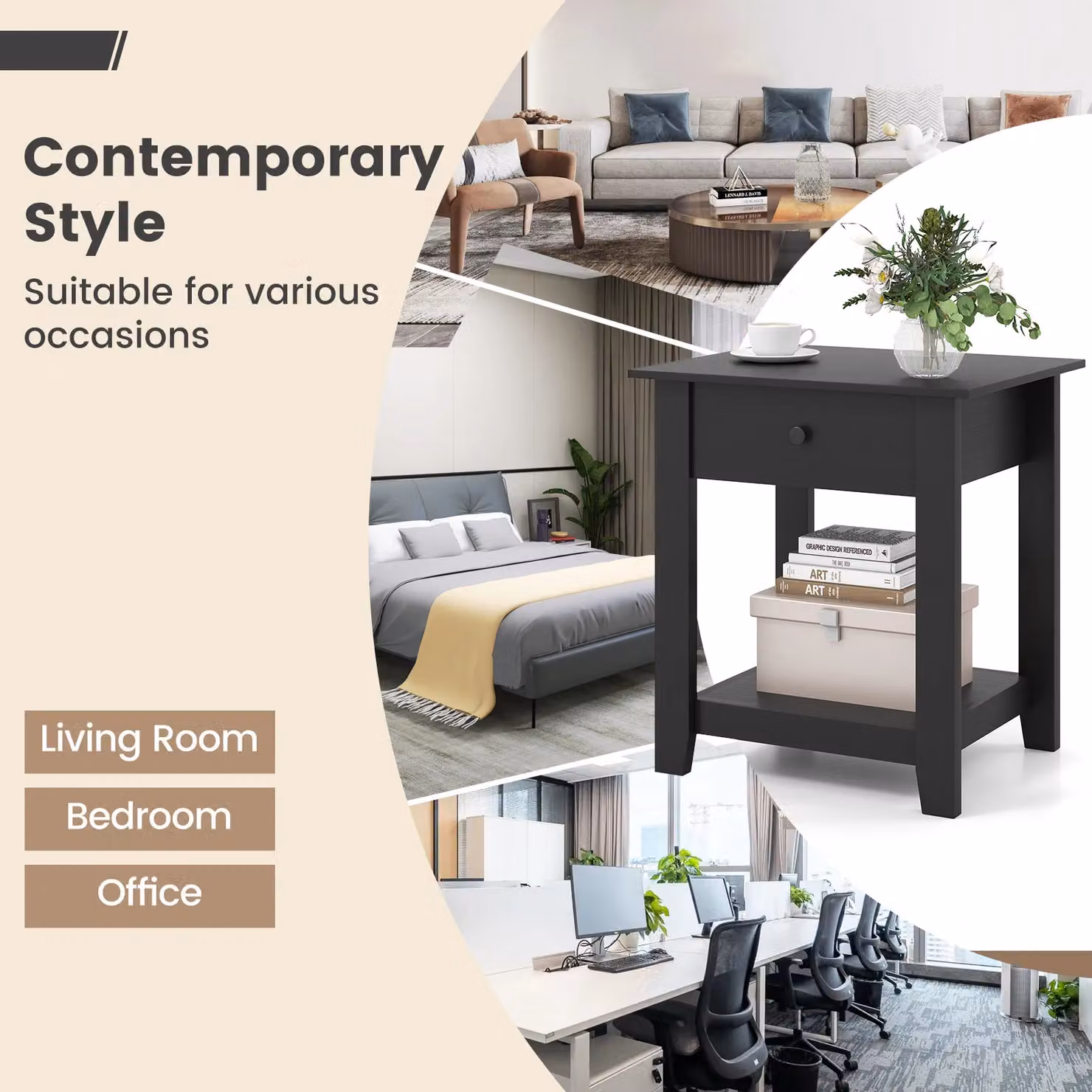 Gymax Set of 2 Modern 3-Tier Bedside Tables with Drawer in Black – 7