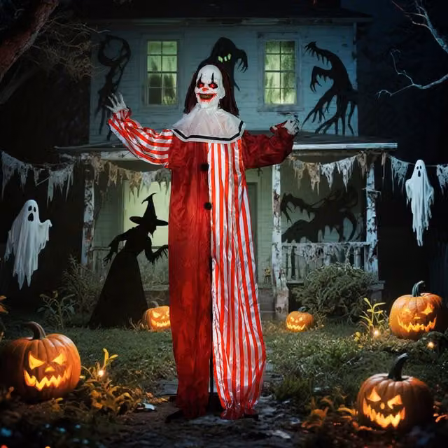 OUTSUNNY Sound Activated Halloween Animatronics Clown with Red Light Up Eyes and Multicolour Striped Textile Details – 1
