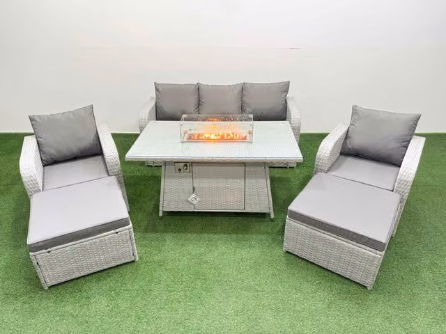 Fimous PE Rattan Garden Furniture Set in Light Grey with Reclining Chairs, Sofa, Firepit Dining Table and 2 Big Footstools