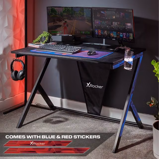 X Rocker Ocelot Gaming Desk in Black with Red and Blue Stickers