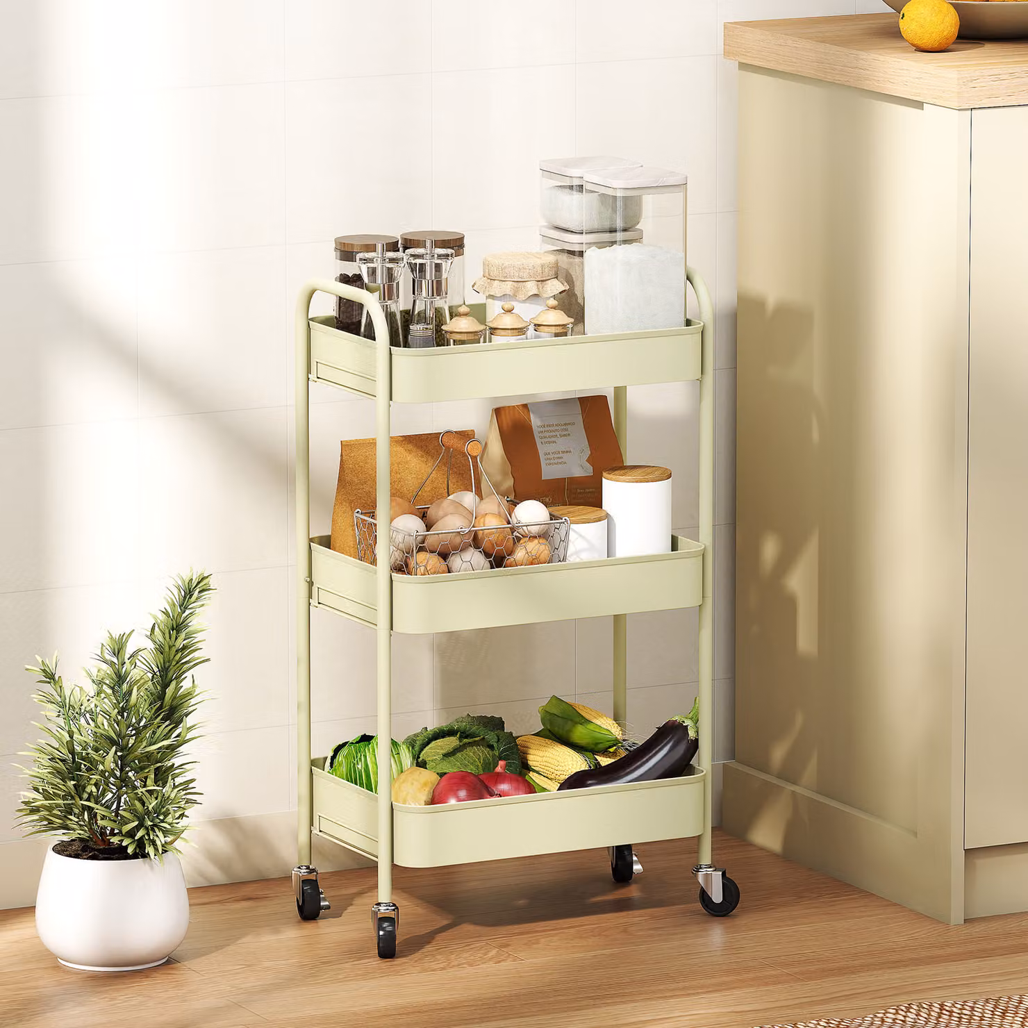 HOMCOM Three-Tier Metal Storage Trolley in Green – 2
