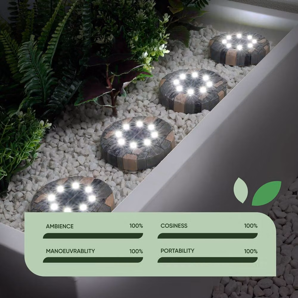Gardenwize Pack of 4 Solar Stone Effect LED Decking Lights in Grey with White LEDs for Garden and Terrace – 4