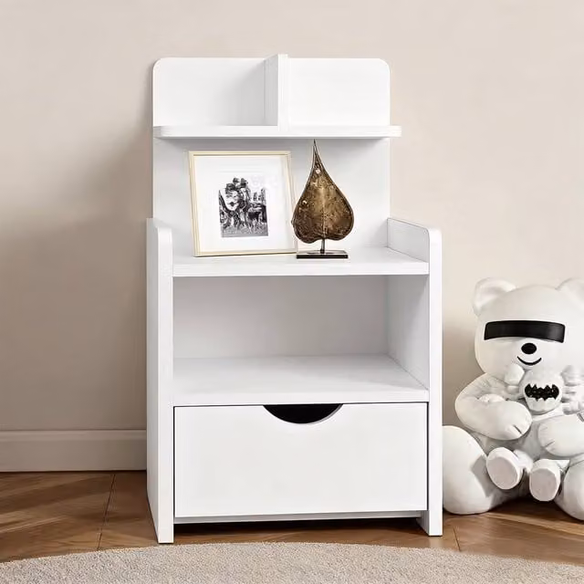 FORGEVIO Modern Bedside Table with Drawer and Storage in White – 1