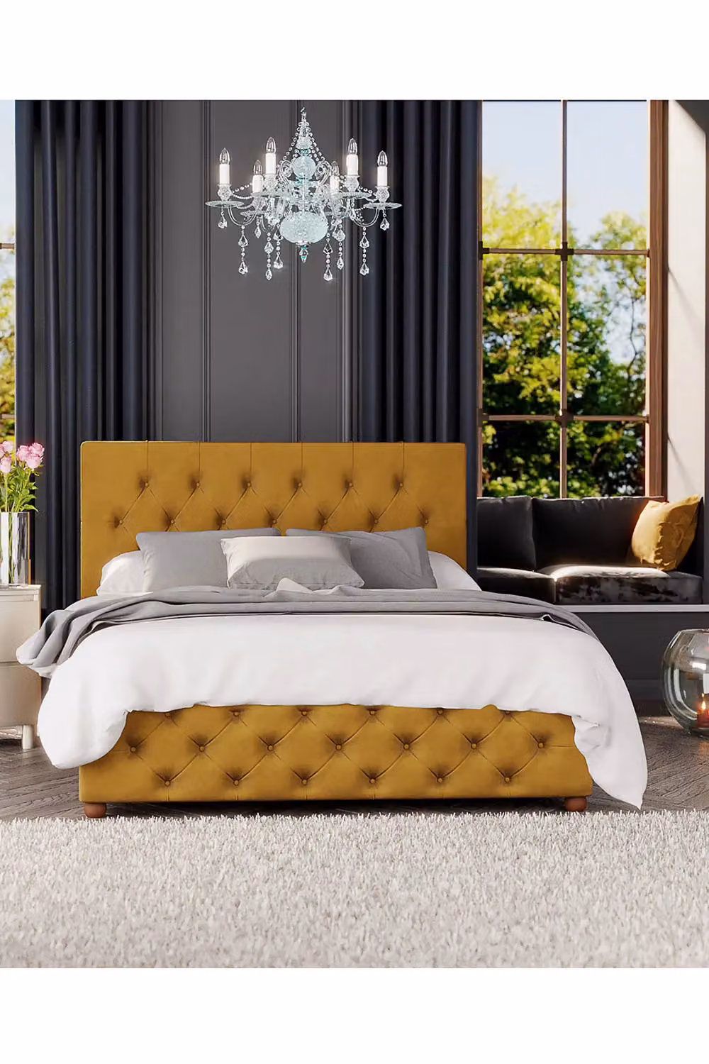 Laurence Llewelyn-Bowen Luna Ottoman Storage Bed in Yellow Plush Velvet Fabric, W/D/H: 140 x 200 cm – 4