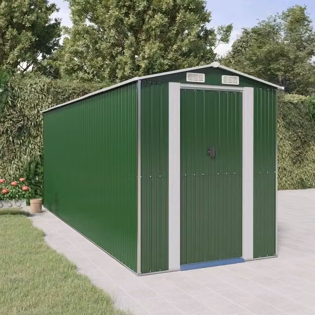 Berkfield Home Green Galvanised Steel Garden Shed with Sliding Doors and Side Vent W/D/H: 192 x 523 x 223 cm