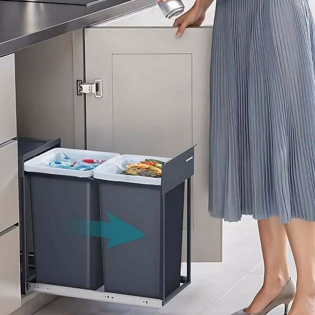 The Bazaarist Double Pull Out Kitchen Recycling Bin with Flip Lid, Grey, W/D/H: 48.6 x 30.0 x 44.0 cm