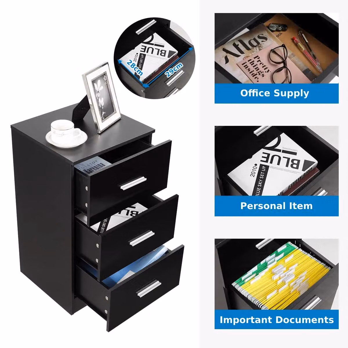 Costway Set of 2 Black 3-Drawer Storage Chests and Night Stands – 4
