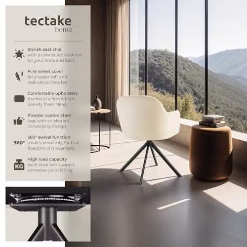 tectake Velvet Swivel Dining Chair with Armrests and Steel Legs, Cream/Black – 3