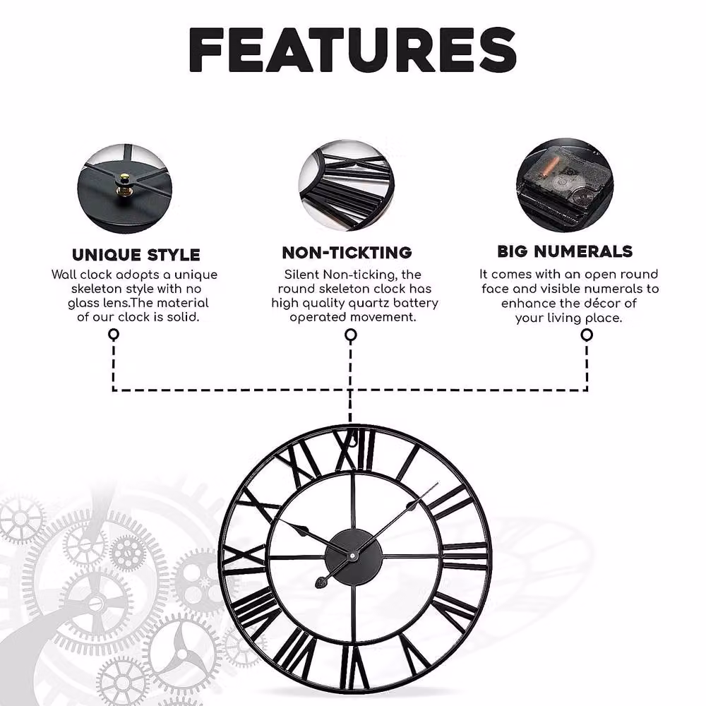 YnysTec Large Skeleton Metal Wall Clock with Roman Numerals in Black, Diameter: 60 cm – 4