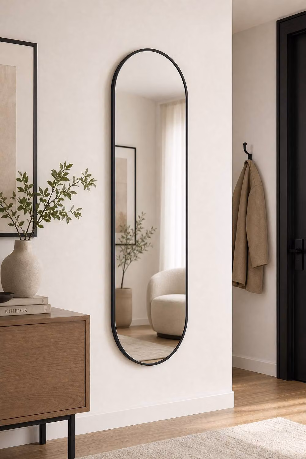 Garden Sanctuary Modern Oval Metal Full Length Wall Mirror, Black, H 150 cm x W 40 cm x D 1 cm – 2