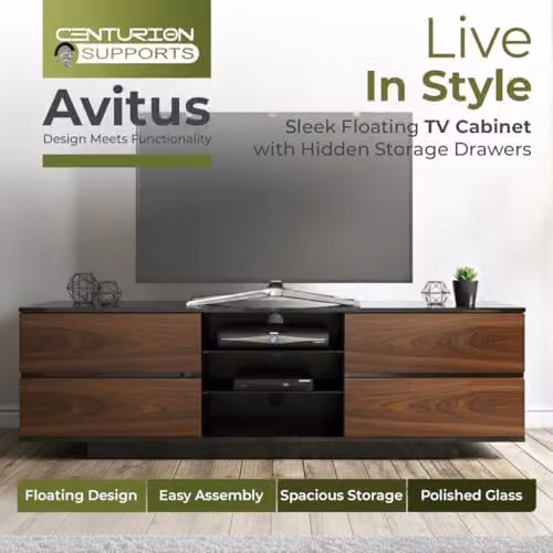 Centurion Avitus Gloss Black TV Stand with 4 Walnut Drawers and 3 Shelves for 32-65 inch LED/LCD/Plasma Screens, W/D/H: 158 x 40 x 48 cm – 6