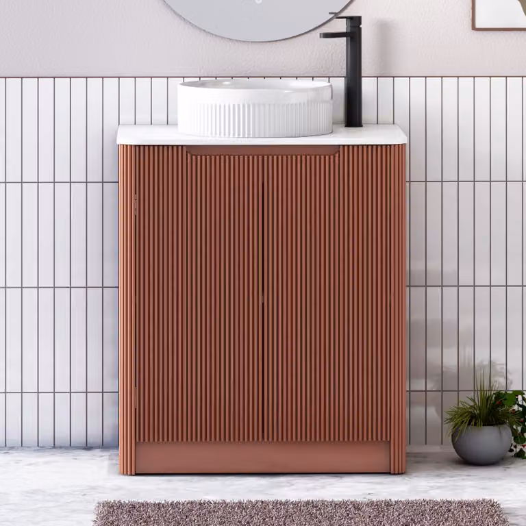 Royal Bathrooms Avenza 700mm Terracotta Clay Floor Standing 2 Door Vanity Unit with Plain White Worktop and Round Basin