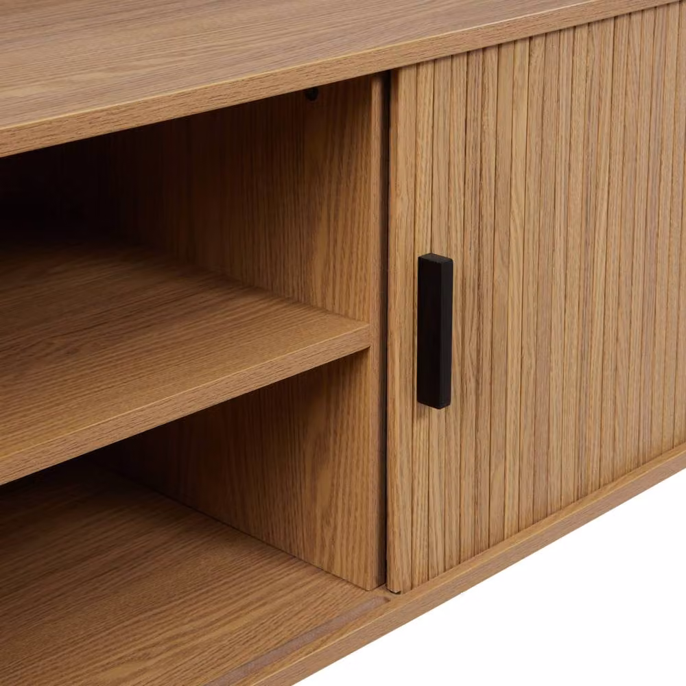 Wyld and Coco 70-inch Retro TV Stand with Sliding Doors and Pine Handles in Brown and Black – 4