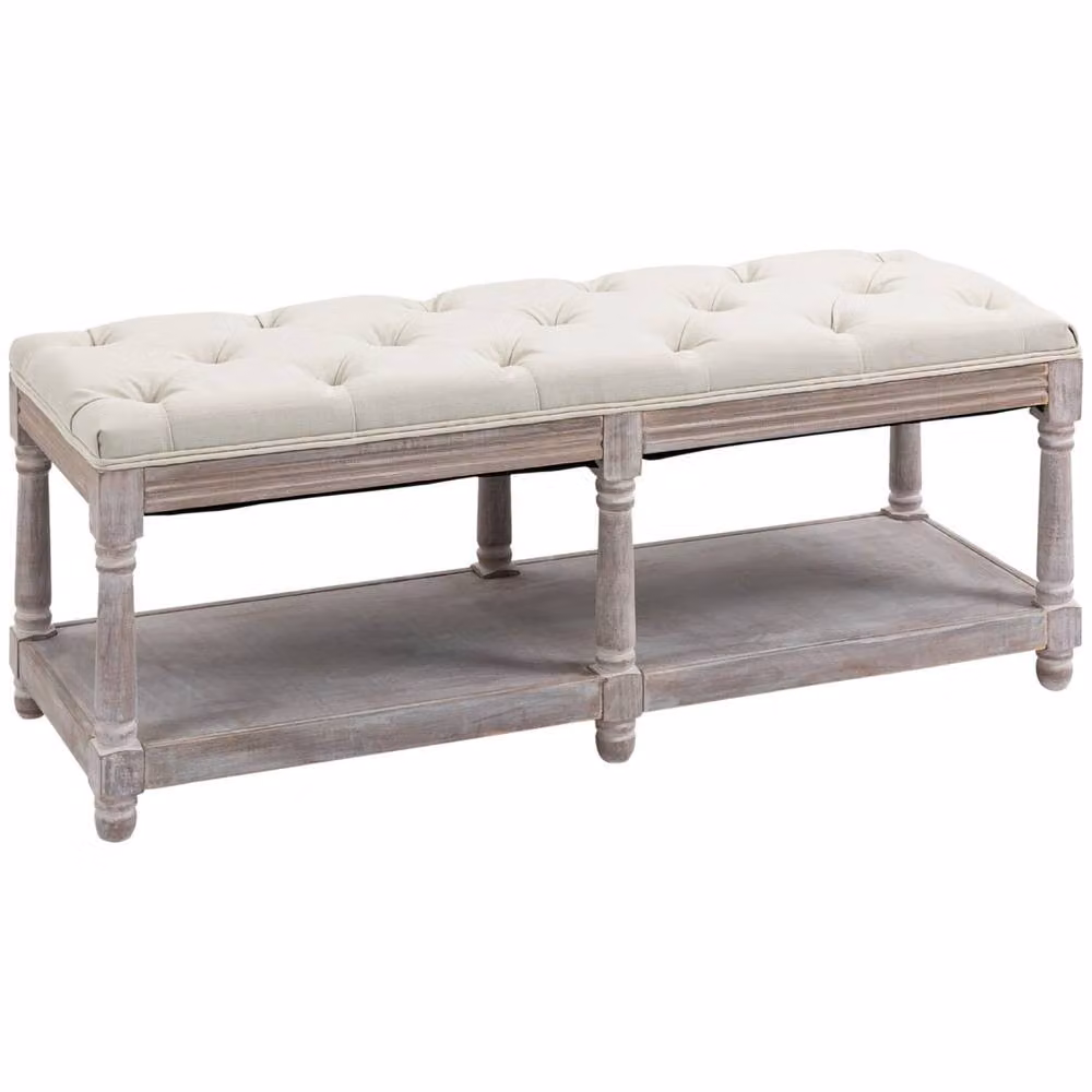 Wyld Haus Lono Cream Tufted 2 Tier Vintage Style Fabric and Wood Shoe Rack Storage Bench – 3