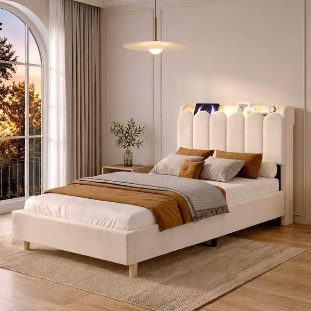 STILVORA Upholstered Single Bed Frame in Beige with USB Charging Port, Bedside Shelf, Reading Light and Side Compartments, W/D/H: 90 x 190 cm – 1