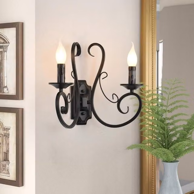 NIVOR Pack of 2 Vintage Antique Iron Wall Bedside Sconce Lamps in Black with White E14 Shade – 1