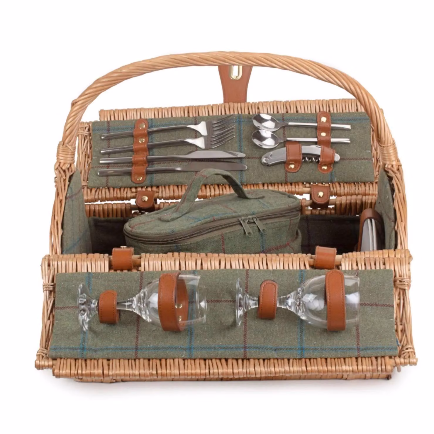 Red Wicker Barrel Picnic Basket with Green Tweed Lining for 2 People – 2