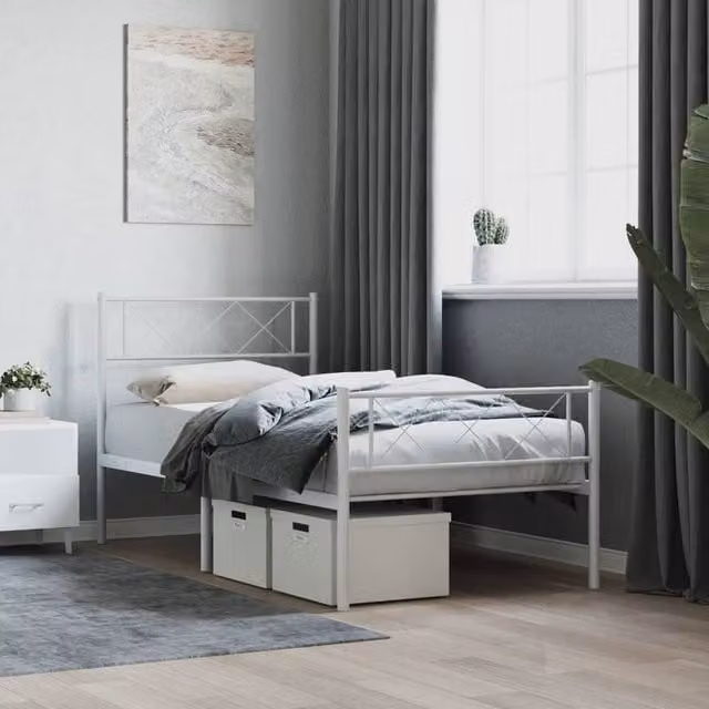 Berkfield Home Metal Bed Frame with Headboard and Footboard in White, W/D/H: 100 x 200 cm