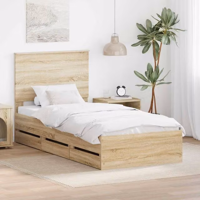 Berkfield Home Sonoma Oak Bed Frame with Drawers in Brown, W/D/H: 75 x 190 cm – 1