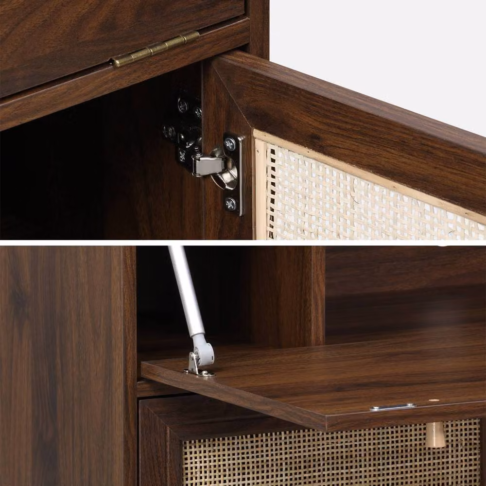 sweeek Mid-Century Secretary Desk with Rattan Detail and 2 Doors in Dark Brown, W/D/H: 138.0 x 35.6 x 90.0 cm – 4