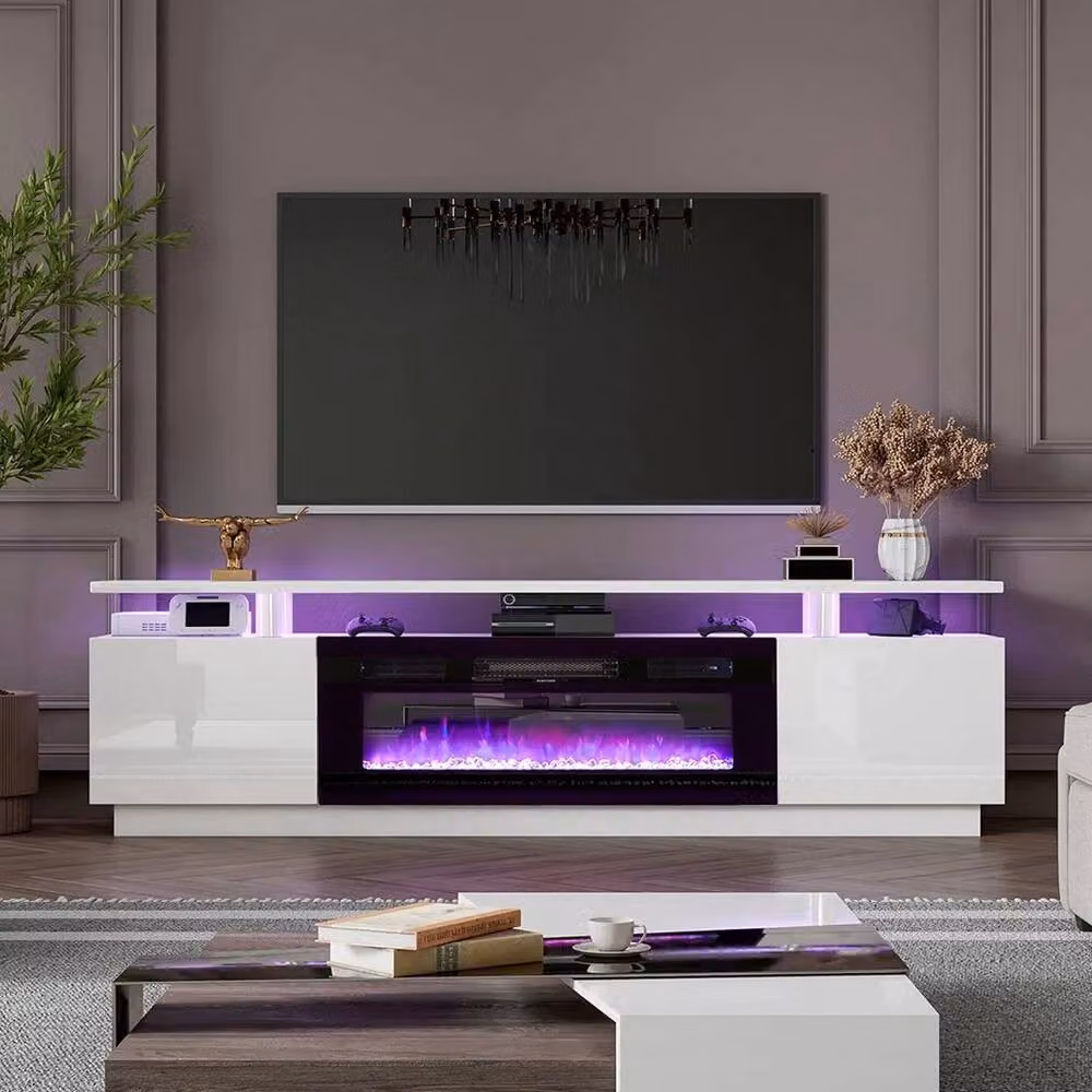 FORGEVIO Modern High Gloss White Electric Fireplace TV Stand Cabinet – 4