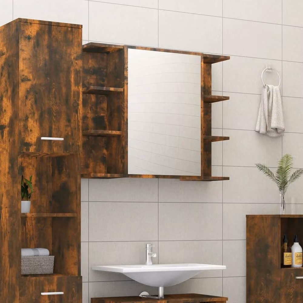 Berkfield Home Smoked Oak Bathroom Mirror Cabinet, Brown, W/D/H: 80 x 20.5 x 64 cm – 1