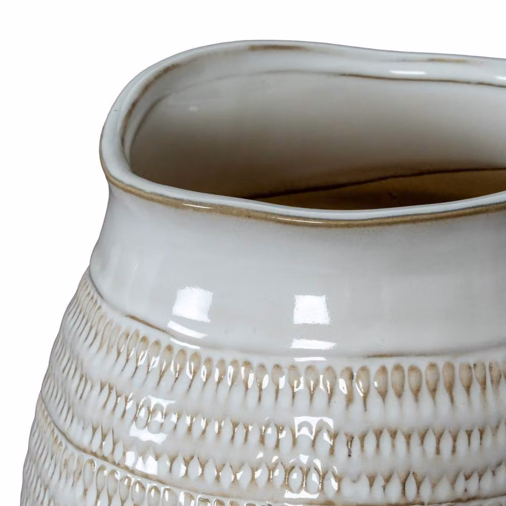 Wyld Haus Saffron Wide Hewn Ceramic Vase with Textured Scandi Pattern in White, H 26.0 cm x W 26.0 cm x D 26.0 cm – 3