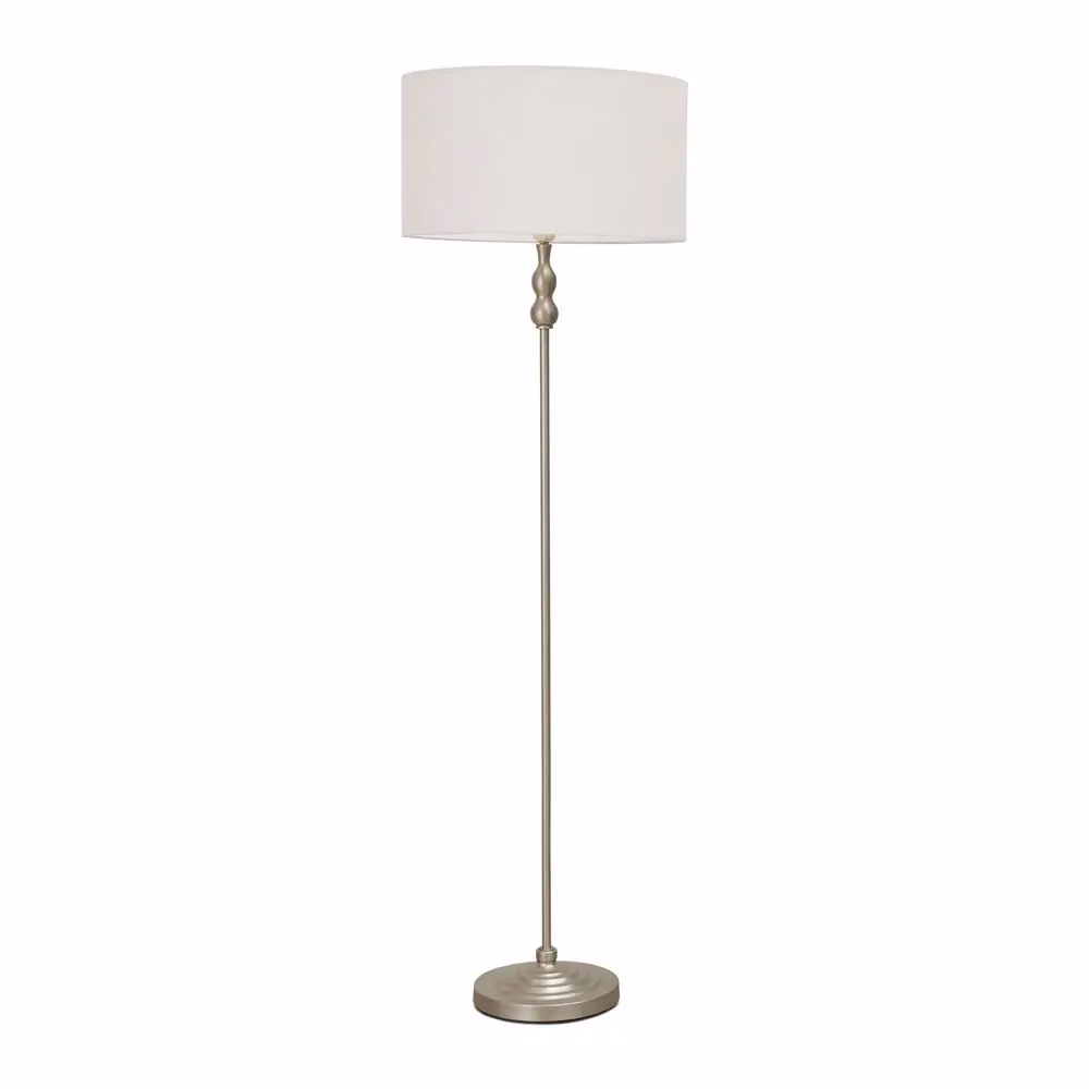 ValueLights Maggie Brushed Chrome Candlestick Floor Lamp with White Fabric Shade and LED Bulb – 2
