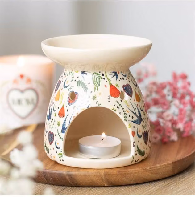 KDMD Cream Midnight Bloom Floral Ceramic Oil Burner and Wax Diffuser in Beige and Multicolour