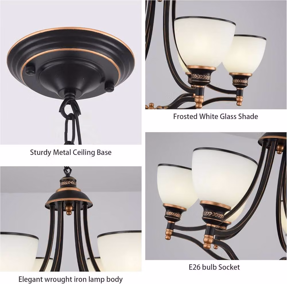 Garwarm 6-Light Vintage Candle Pendant Light in Black or Gold/Brass with Adjustable Height and Glass Shades – 5