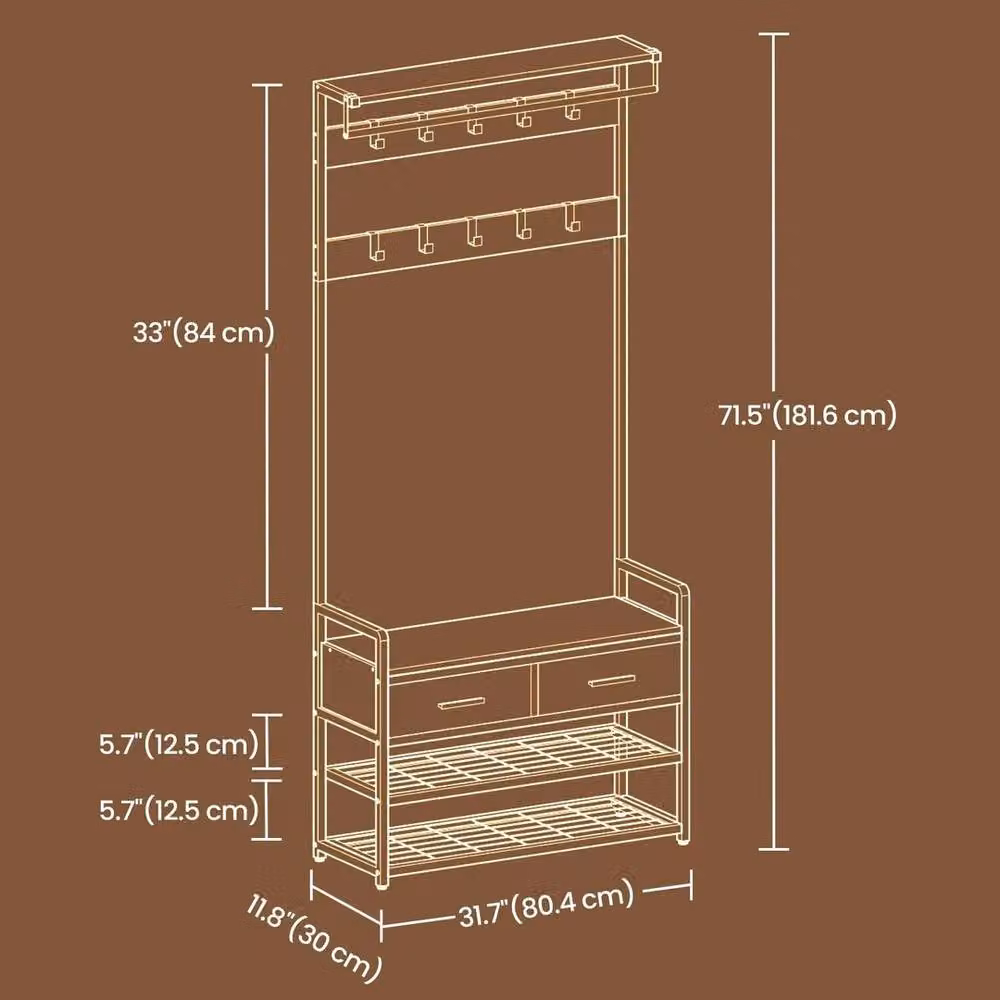Kelvenix Industrial Hall Tree with Bench and Shoe Storage in Brown – 2