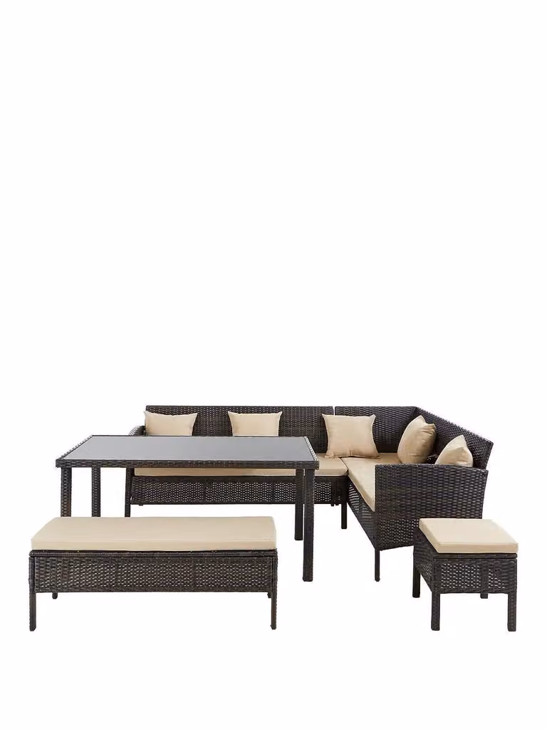 Monte Carlo Brown Polyrattan Corner Dining Set with Glass Table for 8 Adults