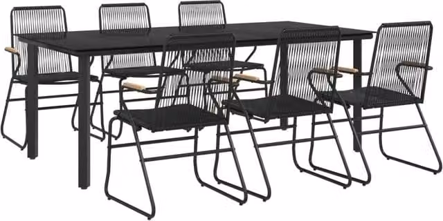 Berkfield Home Beautiful 7 Piece Black PVC Rattan Garden Dining Set with Teak Wood and Glass – 1