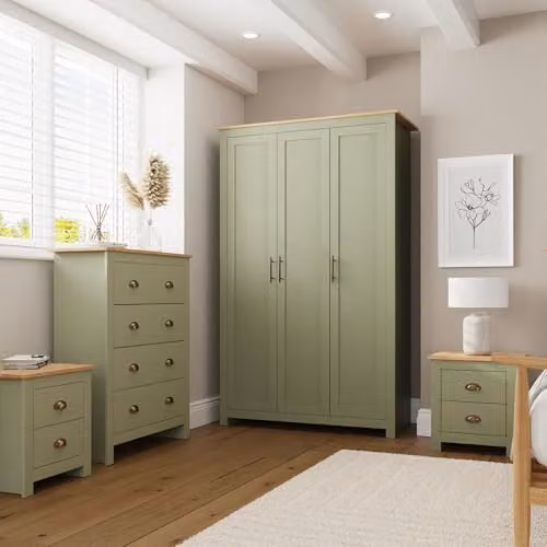 GFW Lancaster 4 Piece Bedroom Furniture Set in Green and Oak Effect – 1