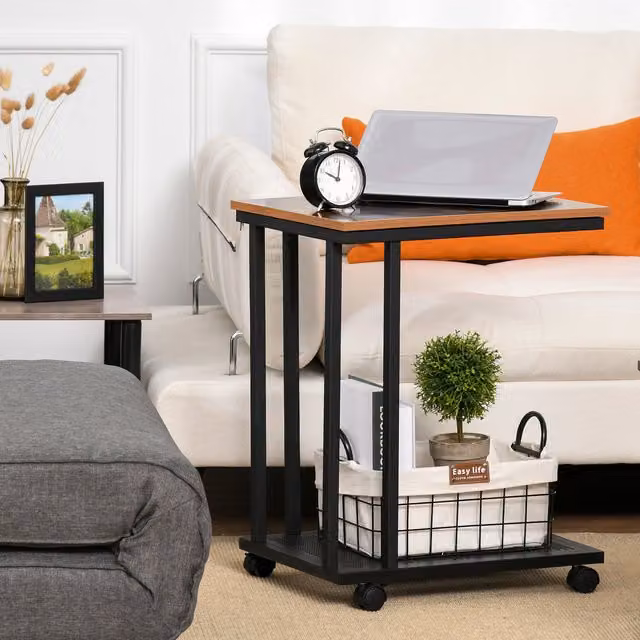 HOMCOM C Shaped Sofa Side End Table in Brown and Black Wood Grain Finish