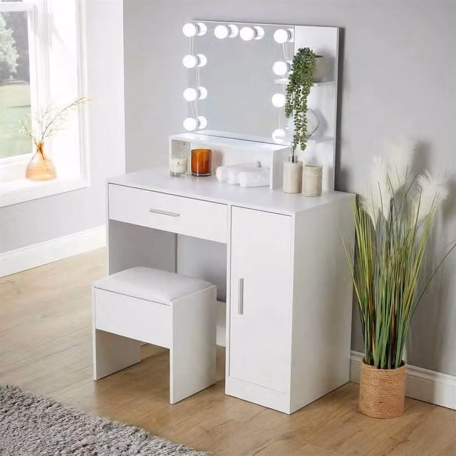 Home Source Modern White Dressing Table with LED Hollywood Mirror and Stool Set – 1