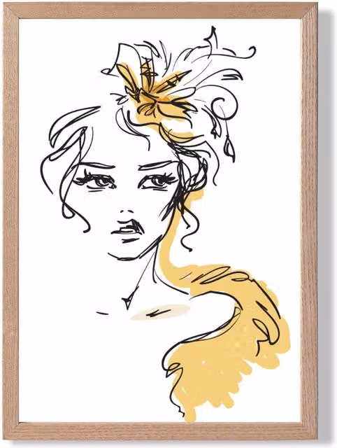 ARTZE Female Fashion Pen and Ink Sketch Framed Print, Yellow and Black, Oak Frame, A3