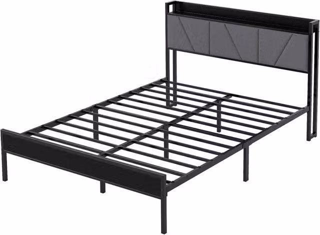 VOGREX Black Linen Upholstered Double Bed Frame with Metal Storage Platform and Bedside Shelves, 140 x 200 cm