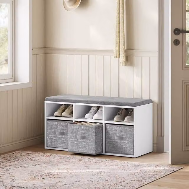 The Bazaarist Cushioned Shoe Bench with Storage Shelves in White – 1