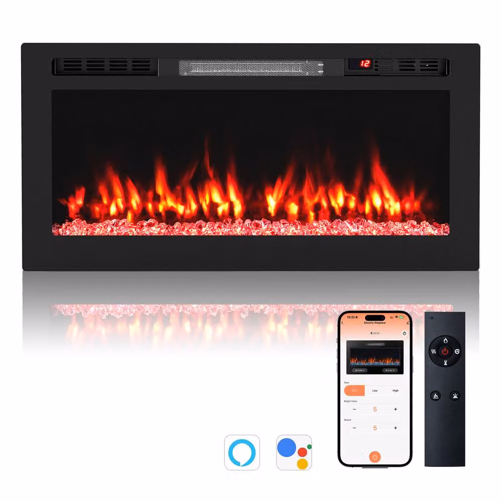 Costway Black Recessed and Wall-Mounted Electric Fireplace Heater with WiFi App Control, 1500W, W: 91.44 cm, H: 91.44 cm, D: 37 cm – 2