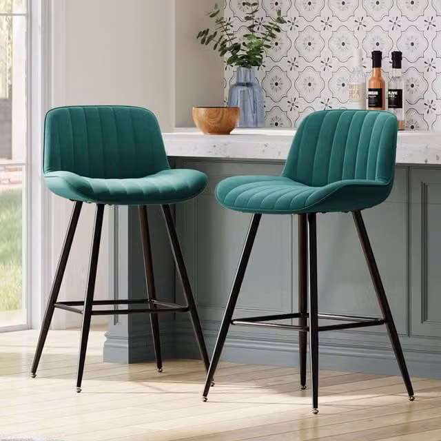 Livingandhome Set of 2 Green PU Leather Upholstered Vertical Striped Bar Stools