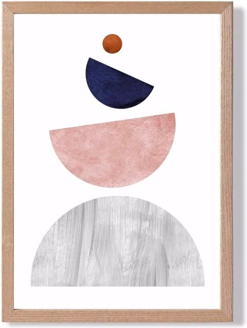 ARTZE Mid Century Geometric Abstract Framed Print with Oak Wood Frame in Grey, Navy Blue and Pink, A3 Size