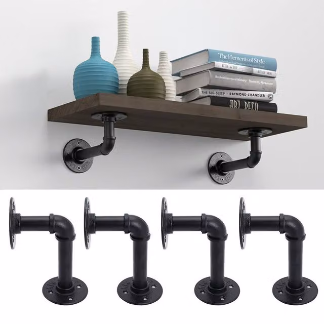 Living and Home 2-Pack Industrial Style Black Iron Pipe Wall Mounted Shelf Brackets – 1