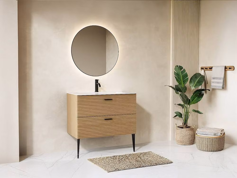 Vente-unique Sarone Ribbed Freestanding Bathroom Vanity Unit with 2 Soft-Close Drawers in Light Oak, W: 80 cm – 2