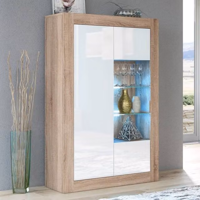 Mex Furniture LTD Arcadia Display Cabinet in Oak and White Gloss with LED Lighting, W/D/H: 140 x 35 x 93 cm – 1