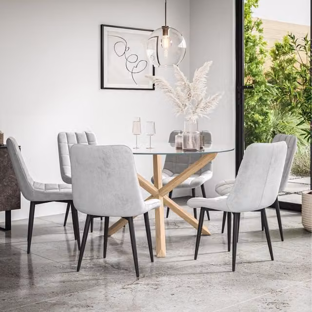 More4Homes Malvern Round Glass Dining Table with 6 Grey Nova Velvet Chairs and Oak Legs, Diameter: 120 cm, Height: 75 cm